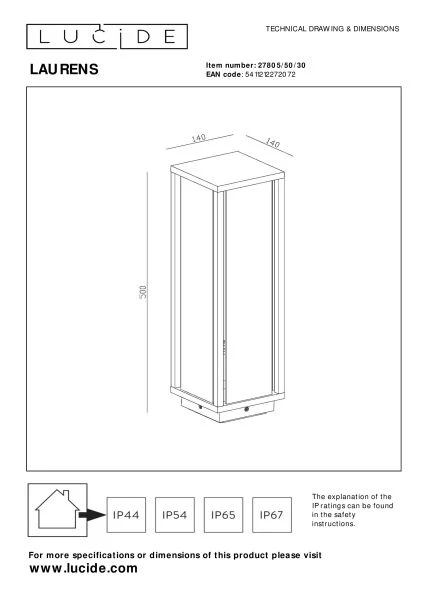 Lucide LAURENS - Borne extérieur - 1xE27 - IP54 - Noir - technique